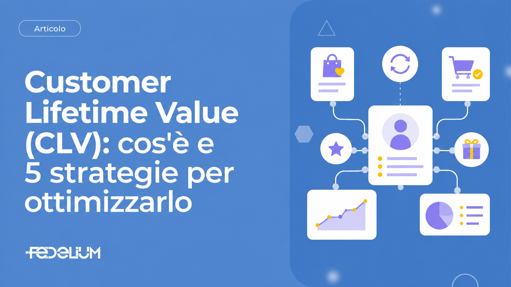 Illustrazione Fedelium dedicata al Customer Lifetime Value, con dati cliente, loyalty, acquisti ricorrenti e grafici di crescita collegati in un’unica dashboard.