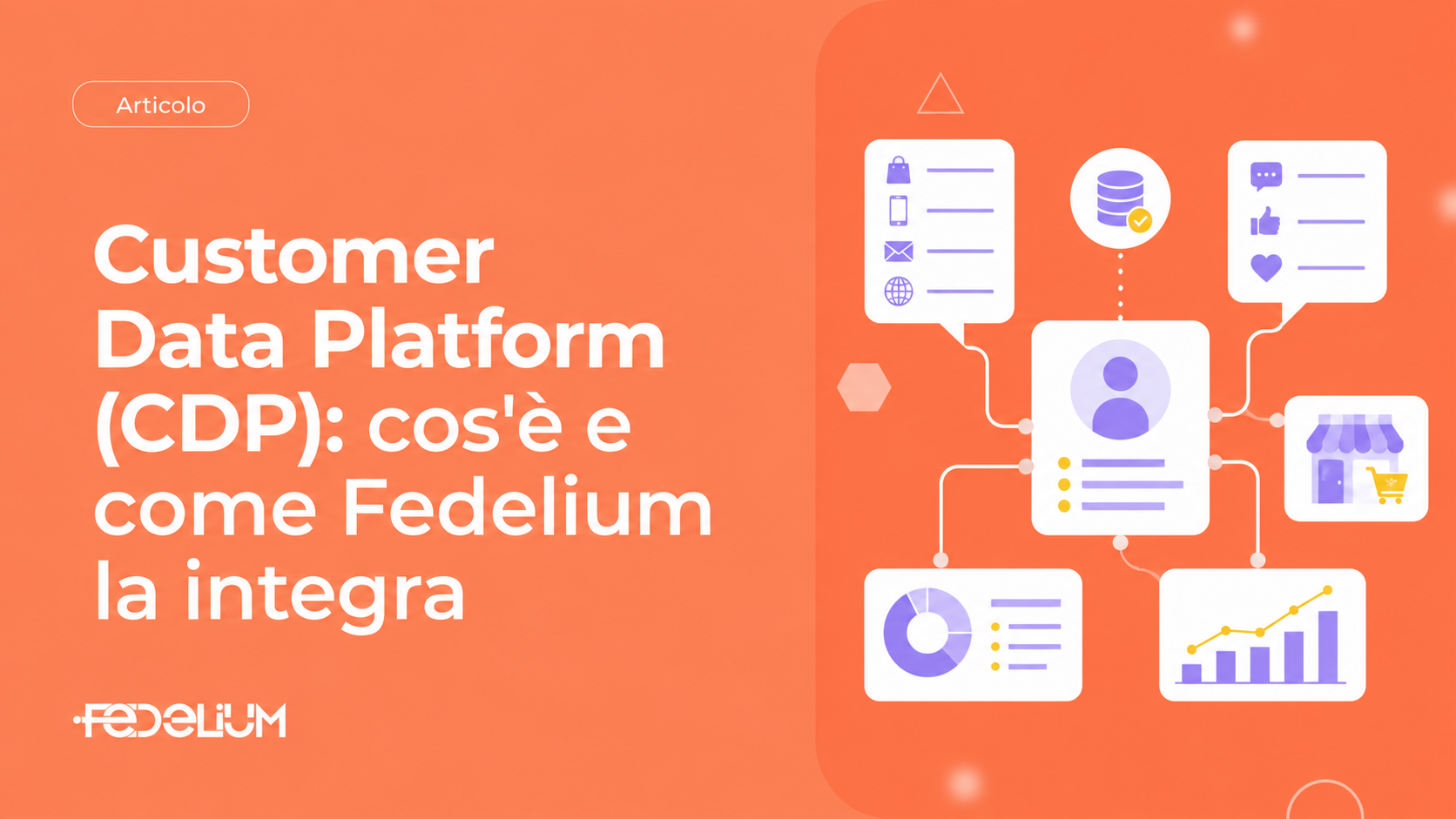 Illustrazione Fedelium dedicata al significato di CDP, con dashboard, dati cliente e touchpoint retail collegati in un’unica piattaforma.